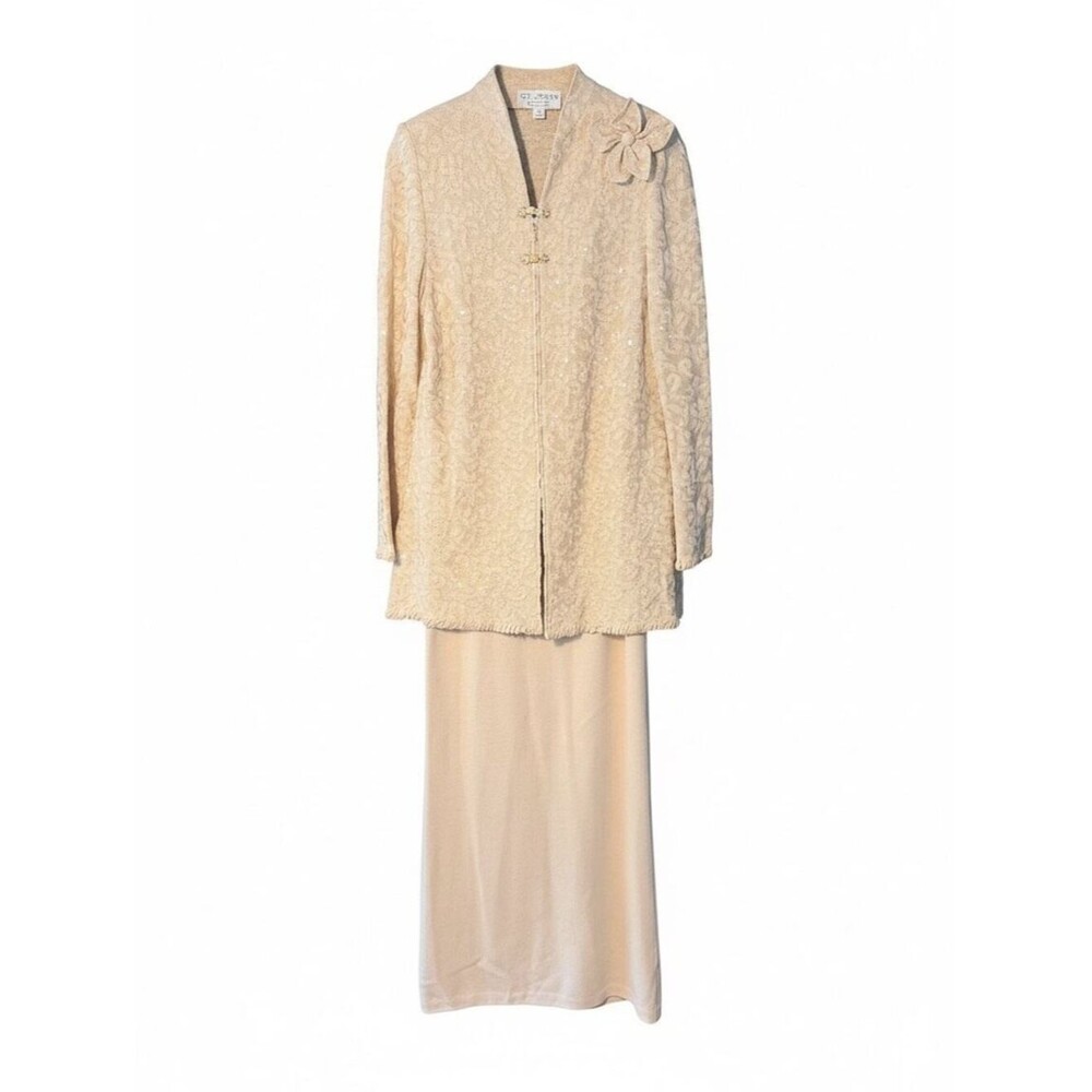 St. John Evening 2pc Knit Formal Set Champagne Sequin Jacket Skirt Sz 8 10 SP03
